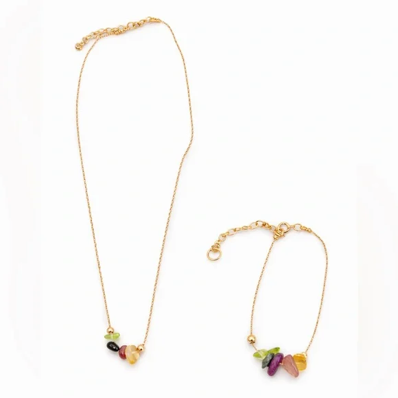 Colorful Gemstone Chip Necklace & Bracelet Set | Stainless Steel Adjustable Boho - Picture 1 of 5